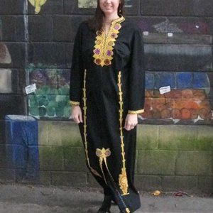 Long black dress, embroidered, robe-like